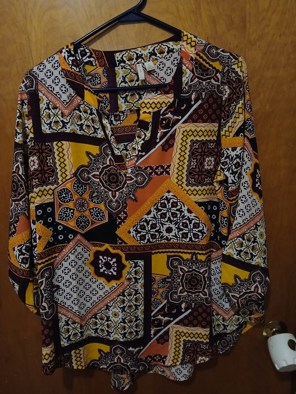 Women's V-Neck Geometric Patchwork Tunic in Mustard and Brown